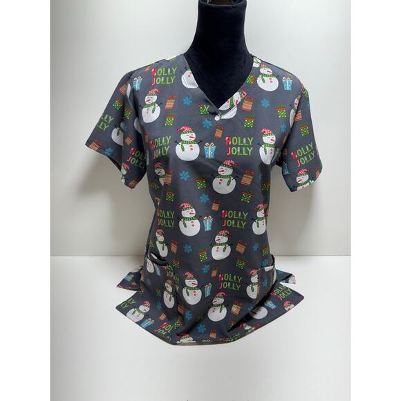 Scrubaid Holly Jolly Snowman Scrub Top Sz L 14-16 Medical Nursing Holiday - Picture 1 of 9
